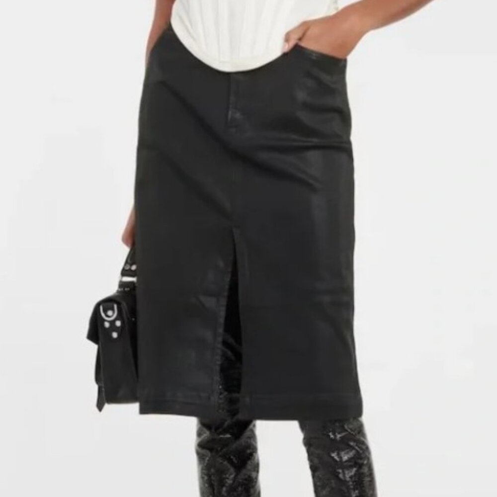 Frame Denim Coated Noir Pencil Skirt with Slit - Picture 2 of 8